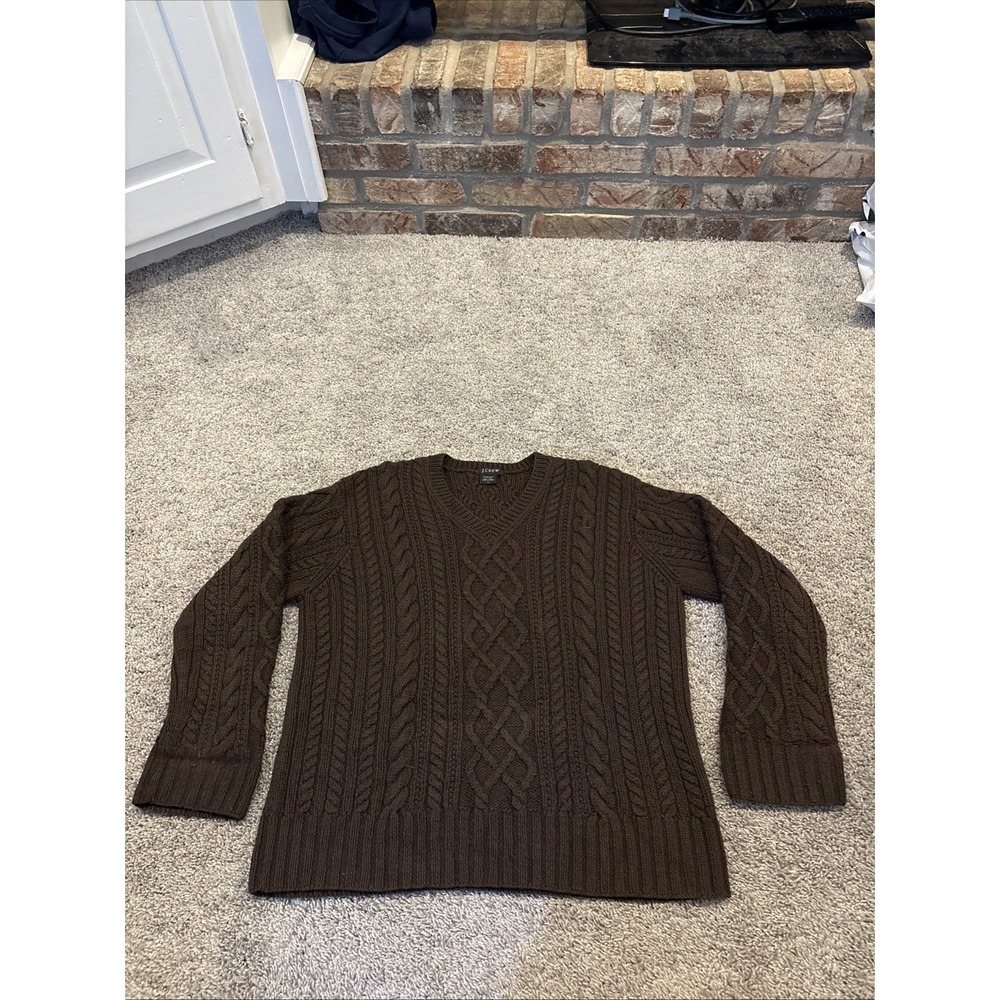 J. Crew Women's Hand Knit Wool Fishermen's Cable Knit v neck Sweater Large Read